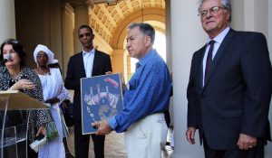 The Mayor of Dakar-Plateau, Republic of Senegal Alioune Ndoye receives gifts during the Welcome Reception for the Sister City of Dakar-Plateau in the Honor of his Excellency Alione Ndoye, Mayor of Daker-Plateau, Republic of Senegal and Esteemed Delegation at the Pasadena City Hall Courtyard, June 18, 2019.