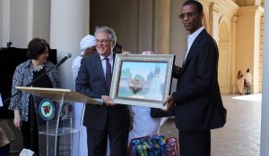 The Mayor of Pasadena Terry Tornek and His Excellency Mayor of Dakar-Plateau, Republic of Senegal Alioune Ndoye exchange gifts during the Welcome Reception for the Sister City of Dakar-Plateau in the Honor of his Excellency Alione Ndoye, Mayor of Daker-Plateau, Republic of Senegal and Esteemed Delegation at the Pasadena City Hall Courtyard, June 18, 2019.